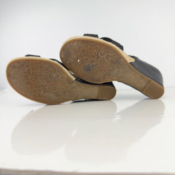 UGG Hilarie Wedge Sandals Black Leather Elastic Straps Espadrille US 8 EU 3 - Picture 8 of 12